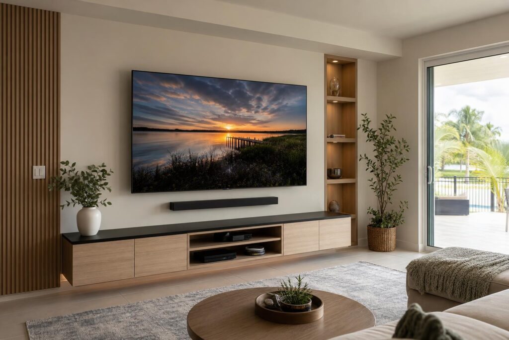 Floating Entertainment Center Planning: TV Height, Soundbar Space, and Device Access