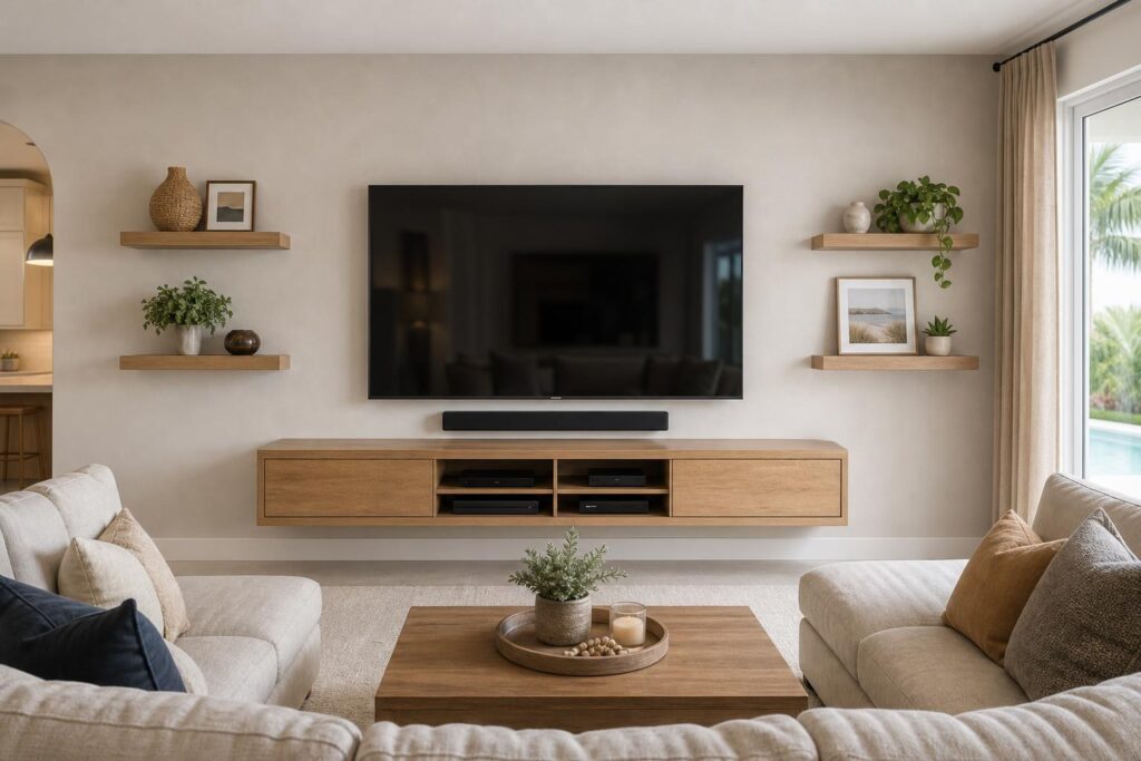 How to Plan a Family-Room Media Wall With a TV, Soundbar, and Floating Console