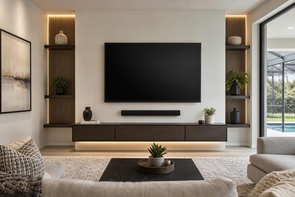 TV mounting in Gainesville, FL — Mounted TV and soundbar above a proportionally sized floating console in a modern family room