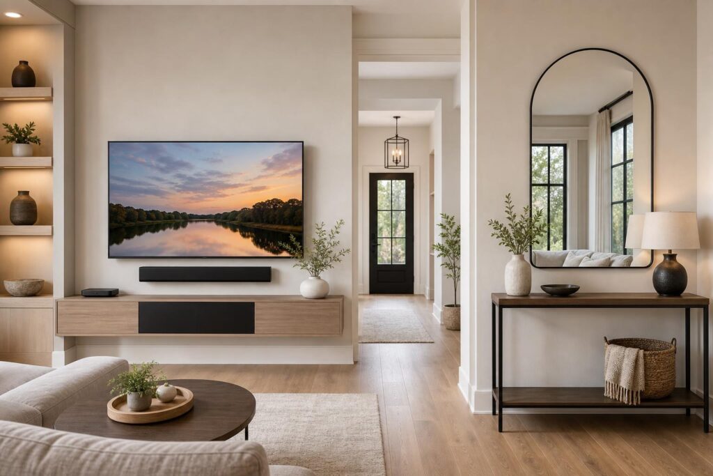 TV mounting in Gainesville, FL — Professionally placed arched mirror near an entry table beside a clean TV and media-console wall