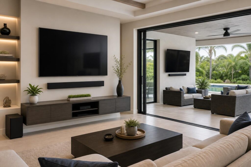 TV mounting in Gainesville, FL — Clean living room and covered lanai TV mounting setups in a Citrus County home
