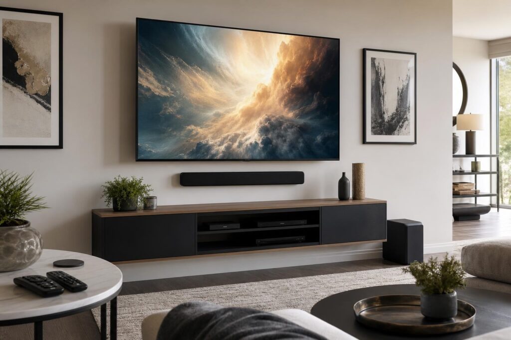 TV mounting in Gainesville, FL — Coordinated home entertainment system with a mounted TV, soundbar, streaming devices, media console, and remotes
