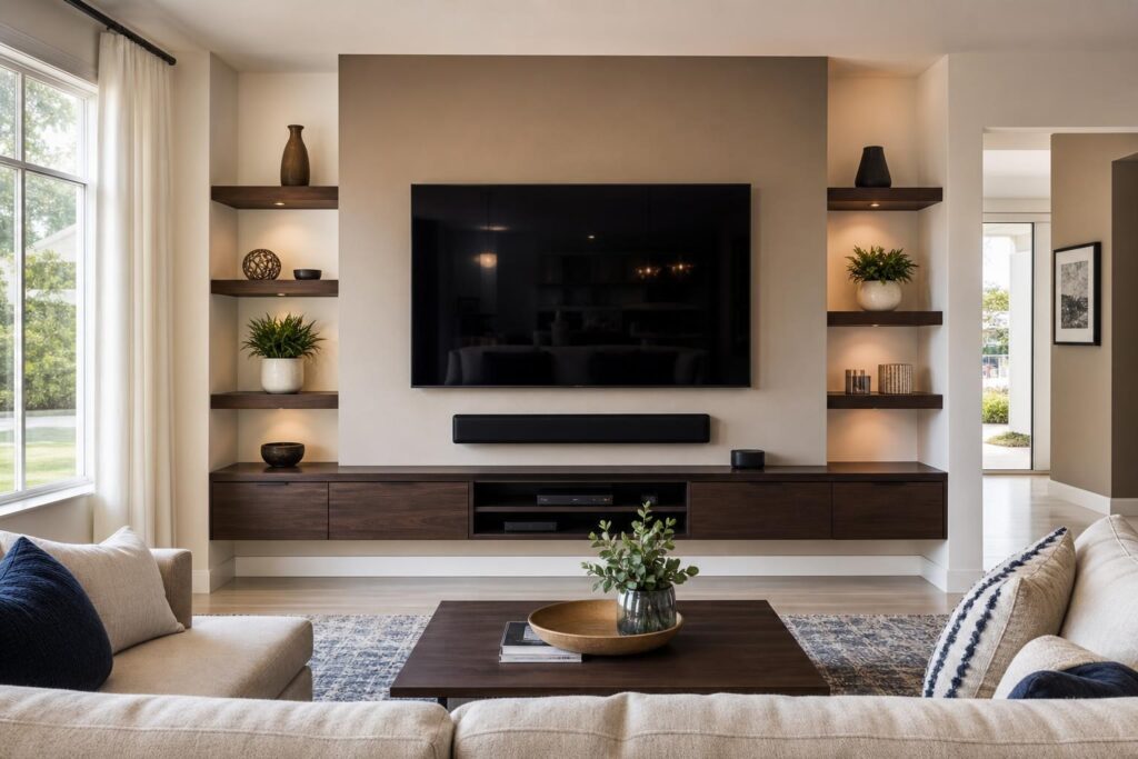 TV mounting in Gainesville, FL — Professionally mounted 65-inch TV with soundbar and floating media console in a balanced living room